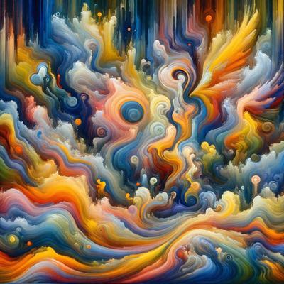 The primary subject of the image is a vibrant and colorful painting featuring a bird, possibly a peacock, surrounded by a swirling, abstract background. The bird is positioned in the center of the painting, with its wings spread wide. The setting is a cloudy sky, which adds to the overall atmosphere of the painting. The visual style of the image is a mix of digital art and illustration, creating a dynamic and engaging piece of art. The dominant colors in the painting are yellow, orange, and blue